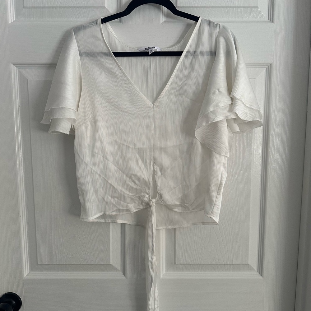 Sheer White Crop Tie V-Neck Women's Top Flutter Sleeve BB Dakota